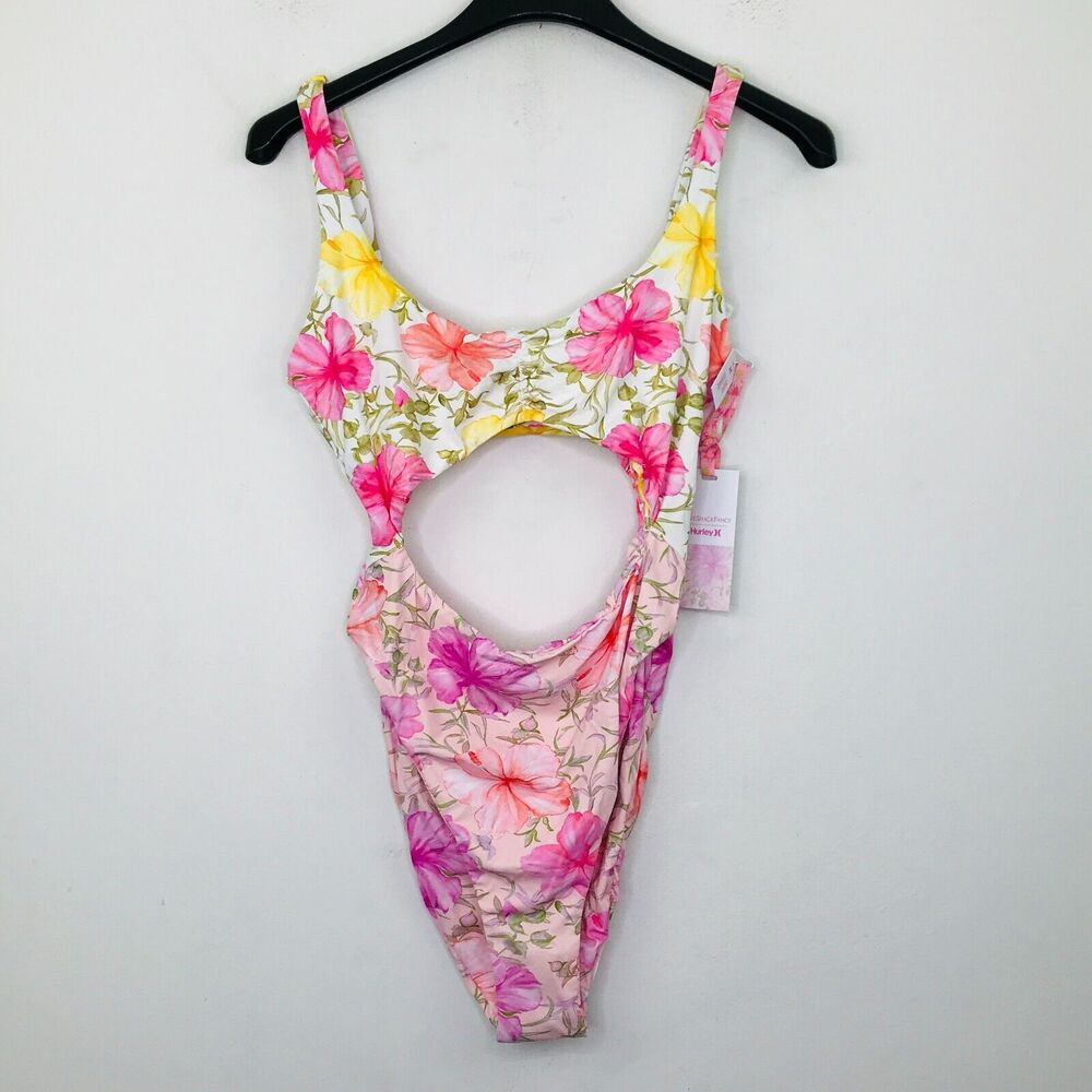 LoveShackFancy Hurley Women's L Swimsuit Pink Hibiscus Cheeky Cutout NWT BT25